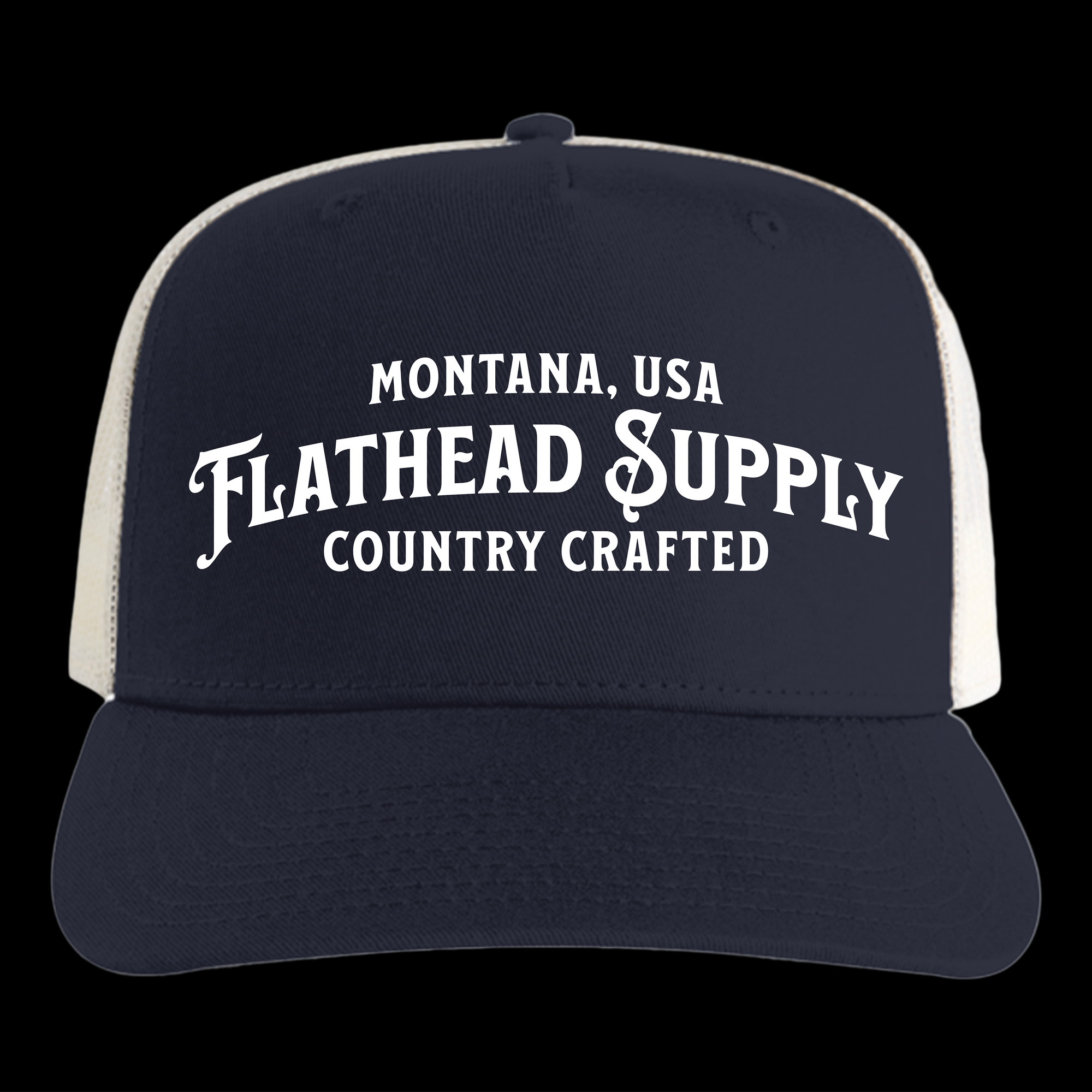 Blue and White Trucker Hat with Flathead Supply